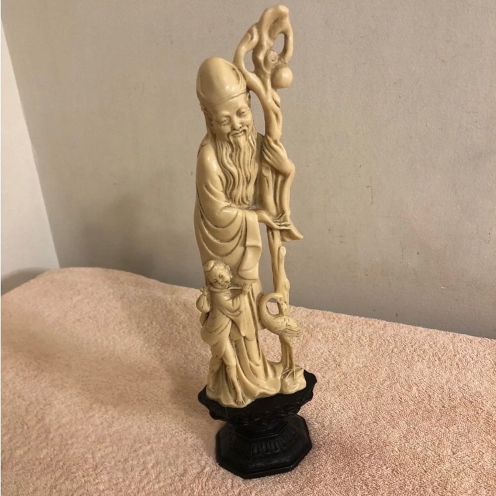 Resin Faux Ivory Oriental Old Man With Staff & Child 13 1/2” Tall On Base